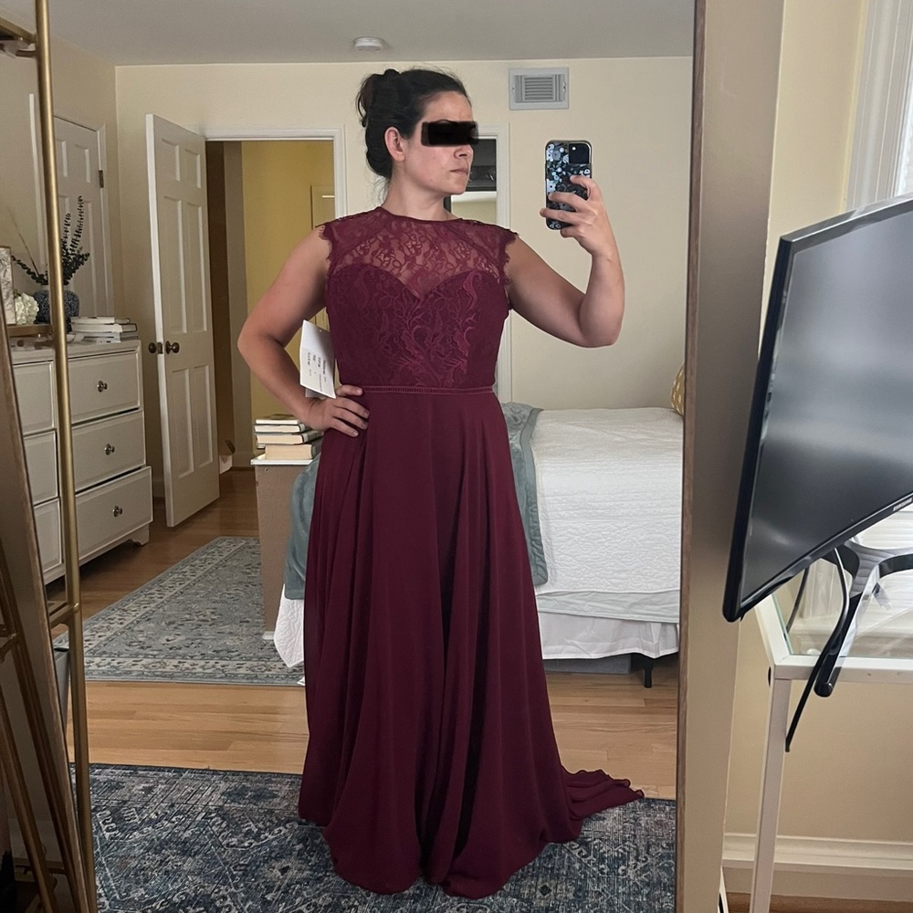 Hayley Paige burgundy bridesmaid gala dress with sweetheart neck (size 10)